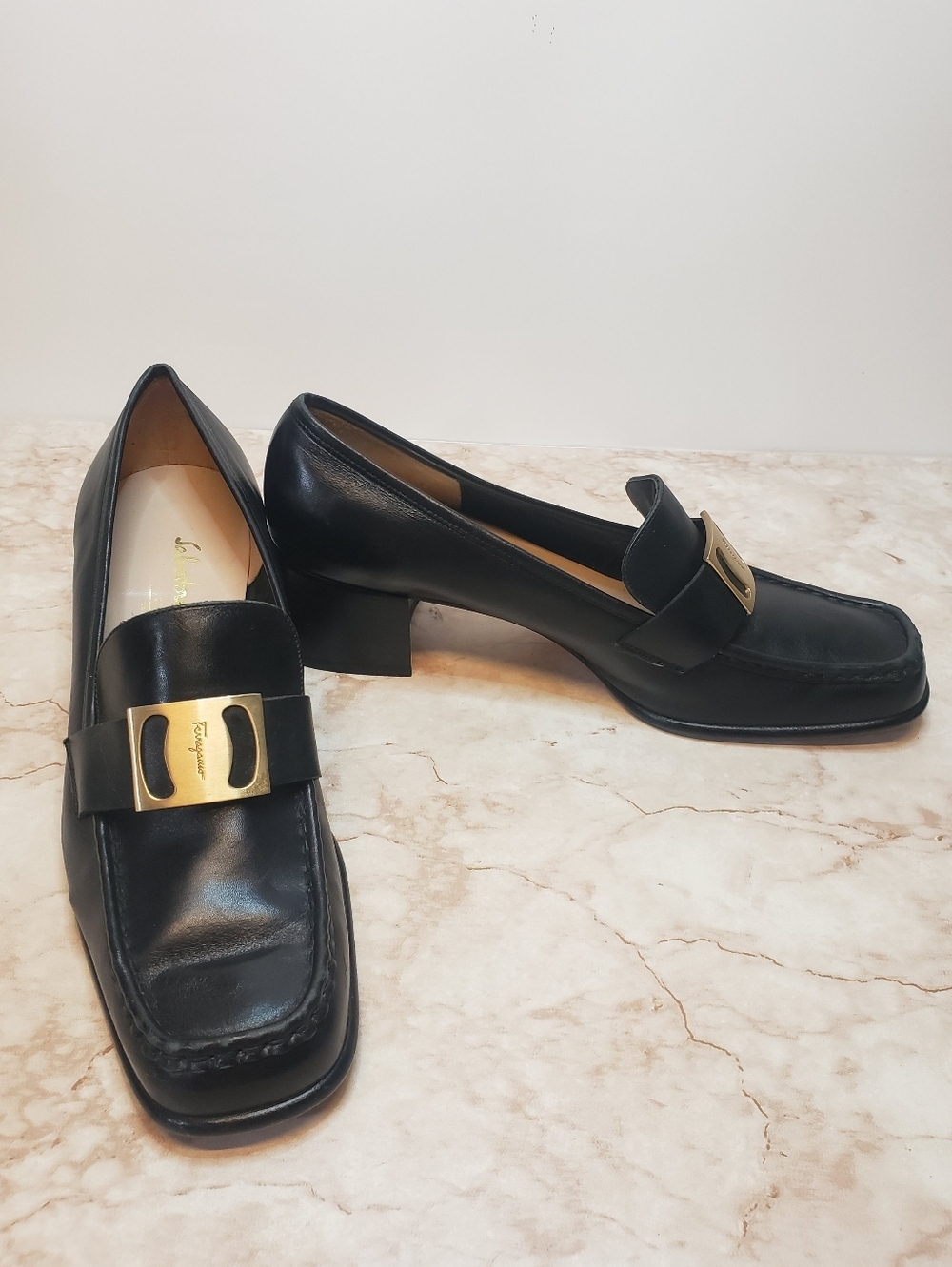 Salvatore Ferragamo Black Leather Women's Heeled Loafers with Gold Buckle 38